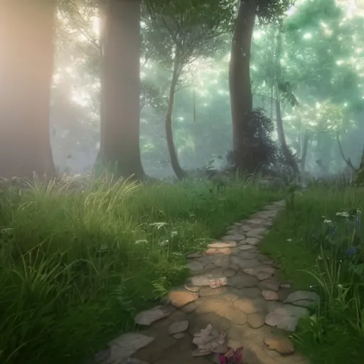 Image similar to Walking through a magical forest filled with fairies, Tales of Arise styled, pixar and disney, studio ghibli sharp , rendered in unreal engine, anime, dramatic, volumetric lighting