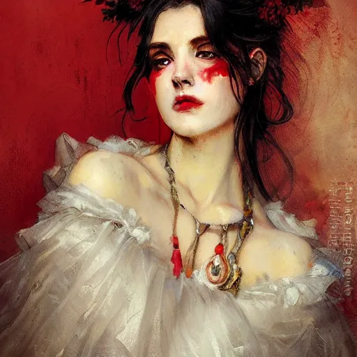 Image similar to Jean-Baptiste Monge and Solomon Joseph Solomon and Richard Schmid and Jeremy Lipking victorian genre painting portrait painting of a young beautiful woman marverl DC comic book character fantasy costume, red background