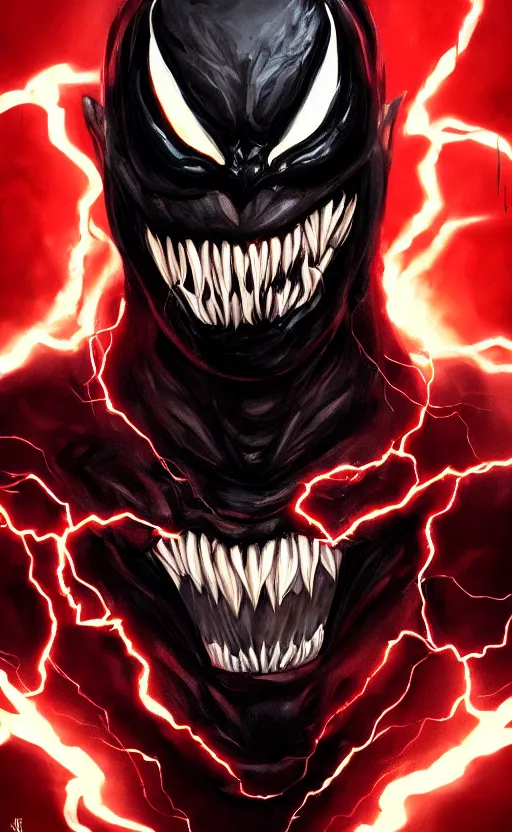 Image similar to portrait of venom as the flash, black and red, dynamic lighting, cinematic, ultra detailed, trending on art station, stunning visuals, creative, fantasy concept art