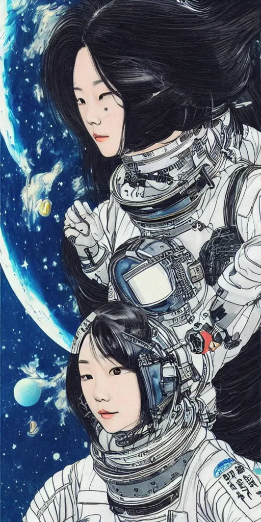 Prompt: beautiful korean woman astronaut floating in space with moon dust, long flowing black hair, drawn in the style of tsutomu nihei and katsuya terada