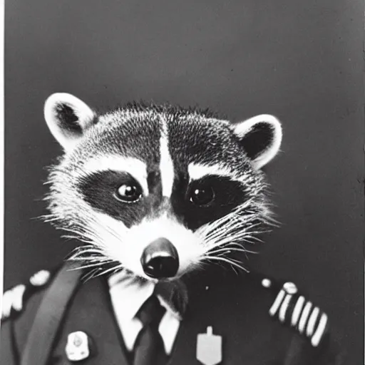 Image similar to vintage photograph of a noble raccoon, dressed in formal military costume with many medals on his chest