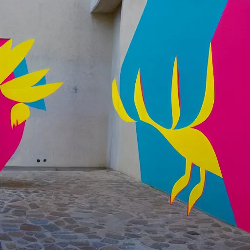 Image similar to ecstatic, unplanned by serge najjar futuresynth. a beautiful installation art of a large, colorful bird with a long, sweeping tail. the bird is surrounded by swirling lines & geometric shapes in a variety of colors