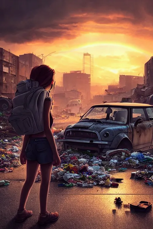 Image similar to teenage girl in mini short with backpack looking at food at garbage dump, destroyed cars, city is pure wasteland, moody sunset background, rays of sunlights, ( ( ( rainbow ) ) ), high details, sharp, photorealism, cinematic, greg rutkowski, artgerm, unreal engine, highly detailed