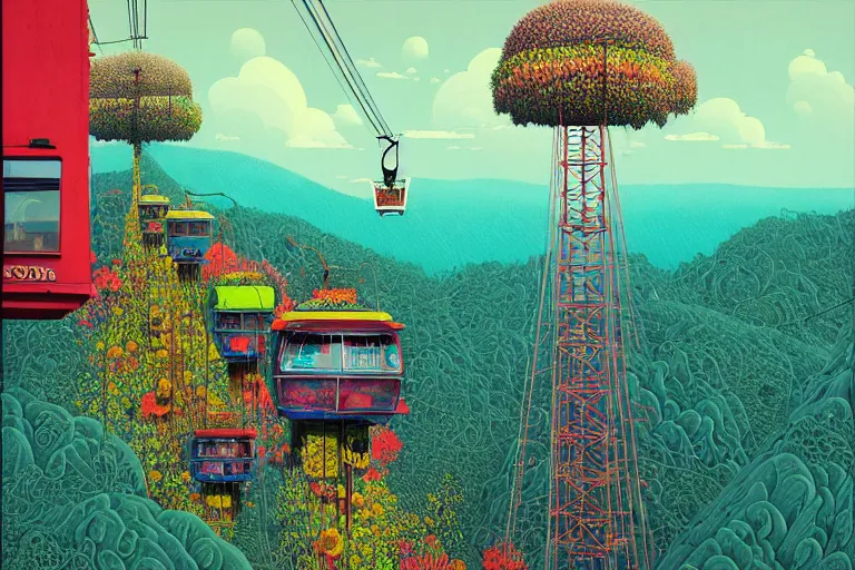 Image similar to surreal glimpse into other universe, langkawi cable car, summer morning, very coherent and colorful high contrast, art by!!!! gediminas pranckevicius!!!!, geof darrow, floralpunk screen printing woodblock, dark shadows, hard lighting, stipple brush technique,