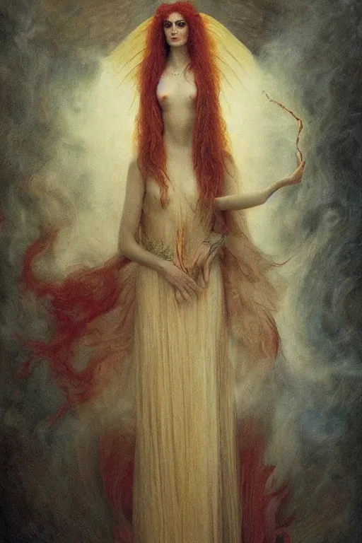 Prompt: portrait of a combination of Eva Green and Emma Roberts as the phoenix queen by agostino arrivabene and denis forkas