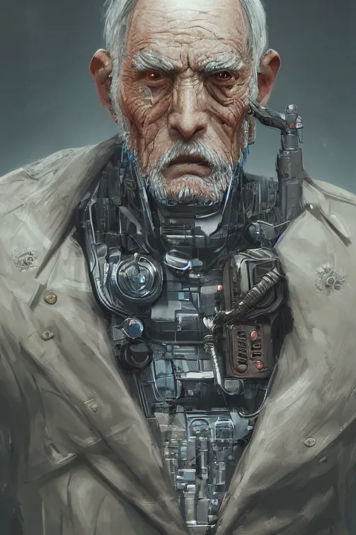 Prompt: Ultrarealistic illustration old man cyborg, cyberpunk, sci-fi fantasy,intricate,elegant,highly detailed, digital painting, artstation, concept art