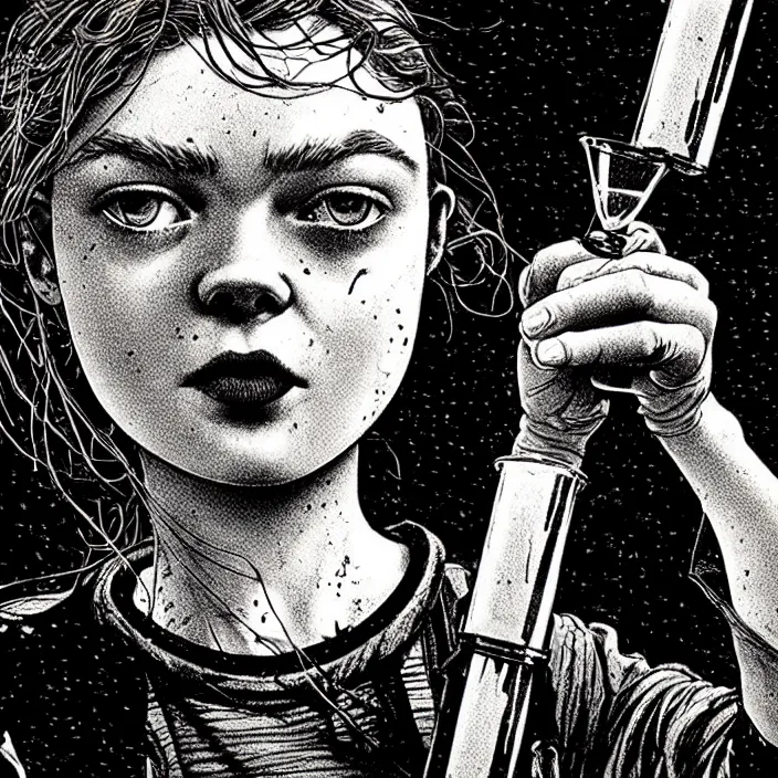 Prompt: extreme close - up on sadie sink as a miner : holds glass up to drink. background : black tiles on walls. black and white, pencil and ink. by gabriel hardman, joe alves, chris bonura. cinematic atmosphere, detailed and intricate, perfect anatomy