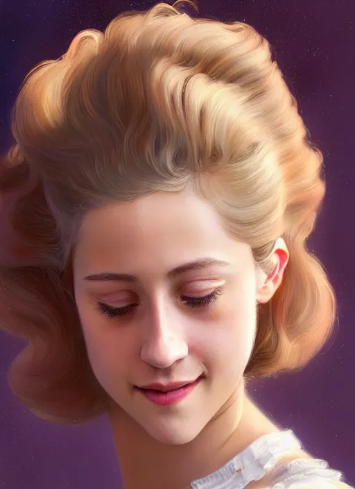 Image similar to portrait of lili reinhart with fluffy bangs, smiling kindly, bangs, 1 9 6 0 s, ponytail, curly bangs and ponytail, intricate, elegant, glowing lights, highly detailed, digital painting, artstation, concept art, smooth, sharp focus, illustration, art by wlop, mars ravelo and greg rutkowski