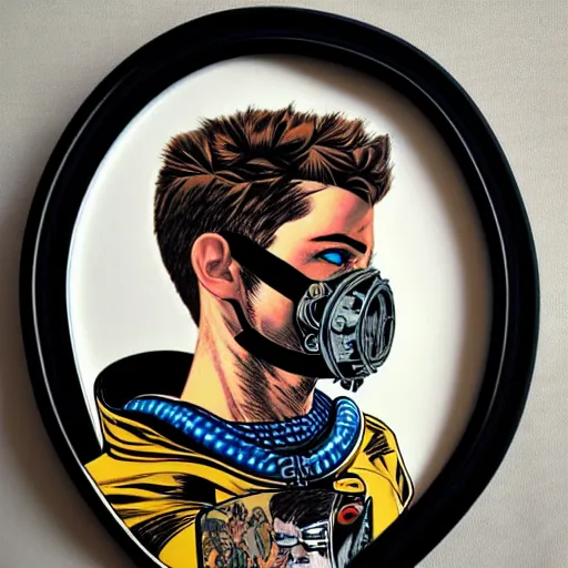 Prompt: portrait of a male with a vintage diver mask intricate details mask in side profile by MARVEL comics and Sandra Chevrier