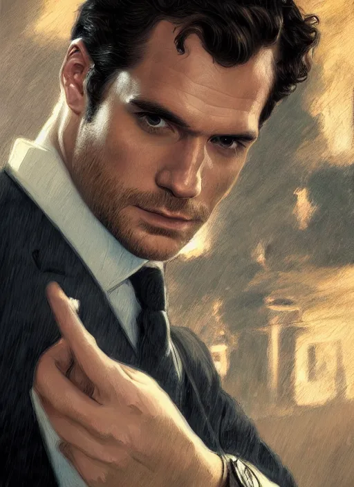 Prompt: portrait of henry cavill as james bond, casino, rain, aston martin, highly detailed, digital painting, artstation, concept art, cinematic lighting, sharp focus, illustration, by gaston bussiere alphonse mucha