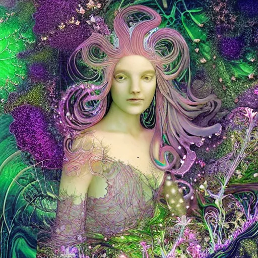 Image similar to glowing delicate flower and mushrooms that grow in a dark fatansy forest on the planet Pandora, an idealistic marble statue with fractal flowery hair in a fractal garden, - W 704