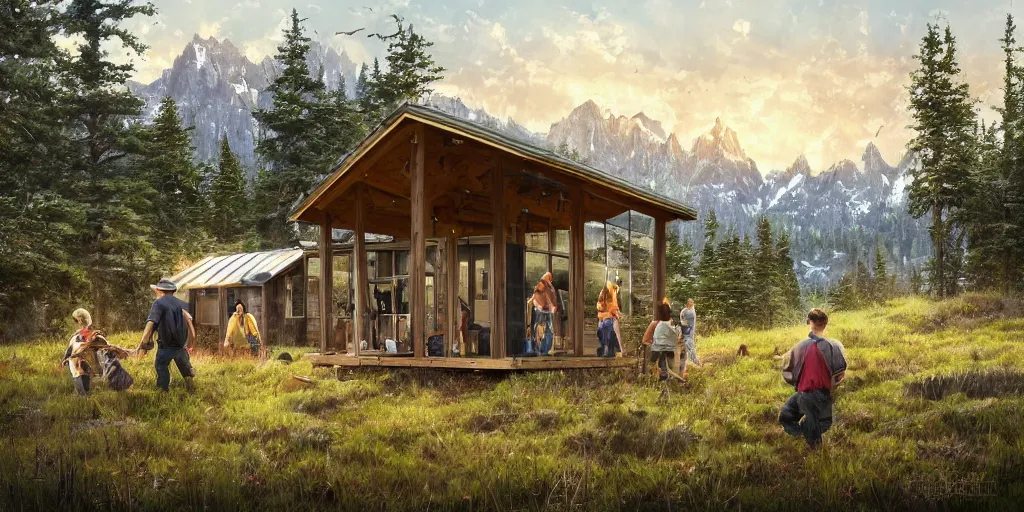 Prompt: cabela's beautiful comfortable outdoors micro - compact modular hard shell pop up house, family dwelling, quick assembly, person in foreground, mountainous forested wilderness open fields, beautiful views, painterly concept art, joanna gaines, environmental concept art, farmhouse, magnolia, concept art illustration by ross tran, james gurney, by craig mullins, by greg rutkowski