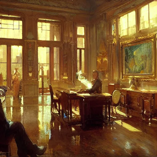 Prompt: detailed cinematic wide shot of sucession interior design corporate office spring light, painting by gaston bussiere, craig mullins, j. c. leyendecker