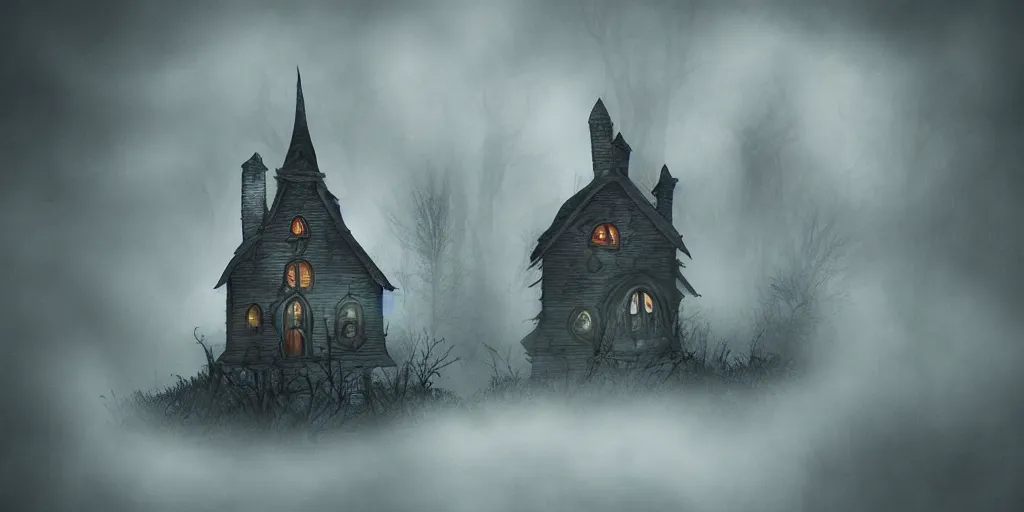 Image similar to fun strange darkness house inspired by Tim Burton, (by Tim Burton) dark forest background, mist, fog, volumetric lighting