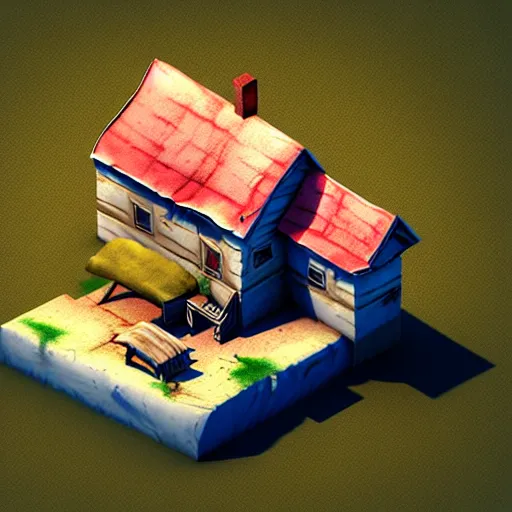 Image similar to isometric 3 d old broken home, low poly, soft render, handpaint texture, blender, 3 dcoat