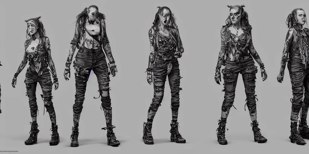 Prompt: anne winters as a tattooed post apocalyptic wanderer, character sheet, concept design, contrast, hot toys, kim jung gi, greg rutkowski, zabrocki, karlkka, jayison devadas, trending on artstation, 8 k, ultra wide angle, pincushion lens effect