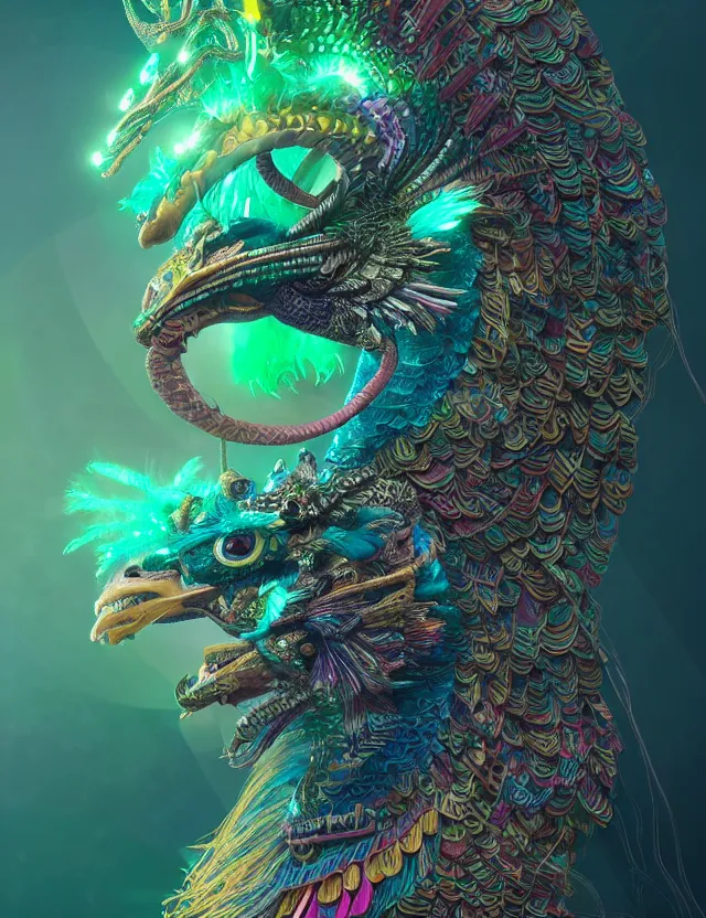 Image similar to goddess macro 3 / 4 profile portrait of quetzalcoatl. quetzal, feathers, bioluminiscent, creature, super intricate ornaments artwork by tooth wu and wlop and beeple and greg rutkowski