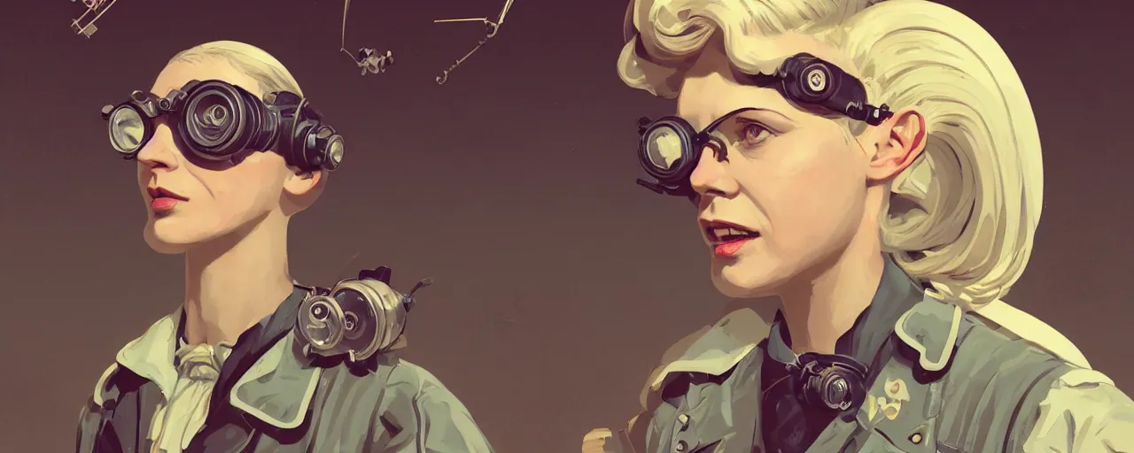 Image similar to vintage illustration 3 / 4 portrait of stoic heroic emotionless butch blonde woman engineer with short slicked - back hair, wearing victorian goggles, awkward and uncomfortable and anxious, dynamic composition by sachin teng and sergey kolesov and ron cobb. industrial space program, scifi, hyper detailed. octane render. concept art. trending on artstation