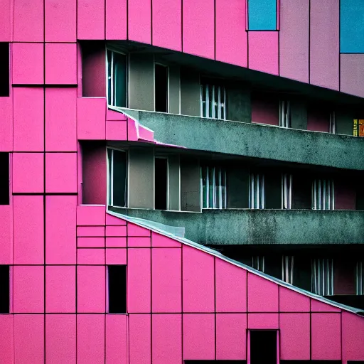 Prompt: brutalist building with touches of cyan and pink. moody and melanchony