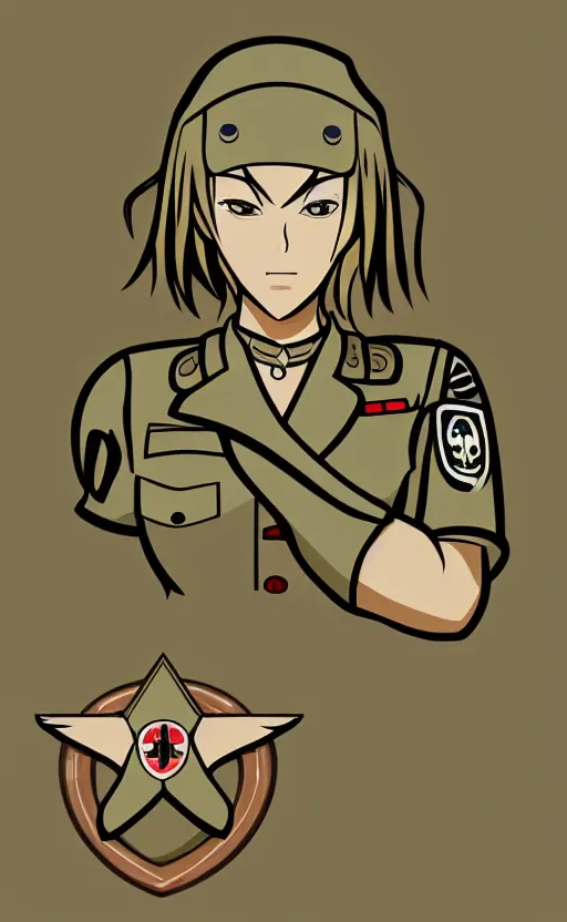Prompt: shoulder patch design, soldier girl, anime style, clean logo design, military insignia, no text, soldier clothing, realistic military gear, 70mm, inspired by shirt producer, made in photoshop, no background, vector line art, by professional designer, smooth, realistic bust anatomy