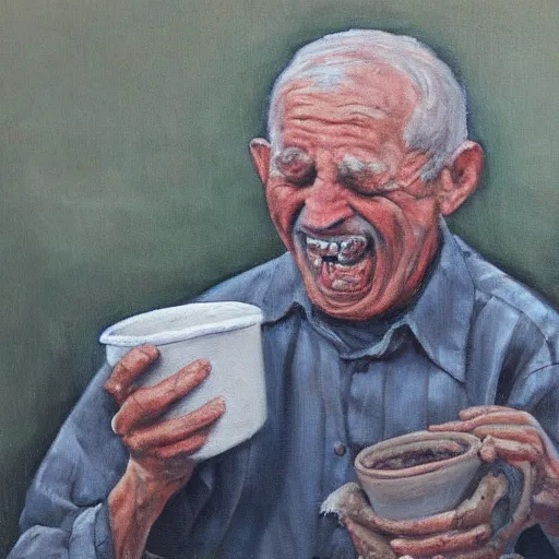 Image similar to a painting of a happy old man eating mud