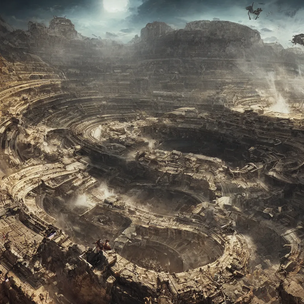 Image similar to coliseum mining tailing of chuquicamata, bioremediation, smooth, rossdraws, norman rockwell, emiliano ponzi, epic composition, hd, octane, unreal engine, volumetric lighting, light rays, masterpiece, award