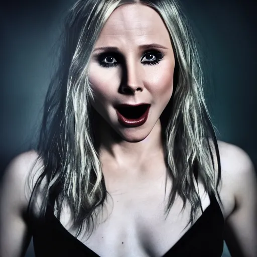 Prompt: Kristen Bell as a demon in heaven, grungy, unkept hair, glowing eyes, modelsociety, radiant skin, huge anime eyes, RTX on, bright on black, dramatic, studio lighting, perfect face, intricate, Sony a7R IV, symmetric balance, polarizing filter, Photolab, Lightroom, 4K, Dolby Vision, Photography Award