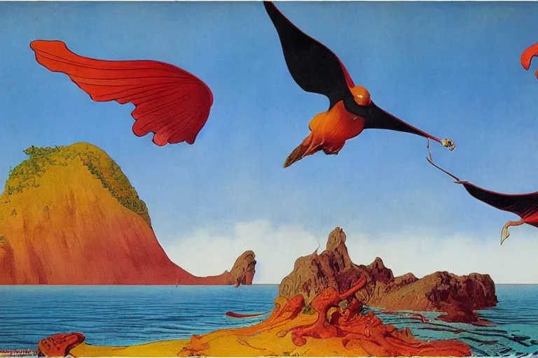 Prompt: fantastical bird flying over a tropical island, fluid, smooth, bright, colours, high contrast, sharpness, very detailed, intricate, by dali, magritte, edvard munch, da vinci, donato giancola, richard corben, zdzisław beksinski, moebius, francis bacon, studio ghibli, mucha and studio disney