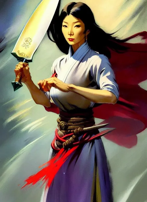 Image similar to magic : the gathering fantasy character concept art by frank frazetta and marco bucci, high resolution. a clear portrait of a stunning female south korean chef, wearing a hanbok apron, holding a kitchen knife, radiating powerful kimchi energy, fantasy coloring, intricate, digital painting, artstation, smooth, sharp focus