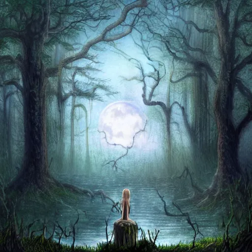 Prompt: highly realistic scenic painting of a towering misty dark fantasy forest surrounding a pond, a water sprite sits on the roots of an ancient tree looking up at the moon, spooky fog, fantasy painting hd