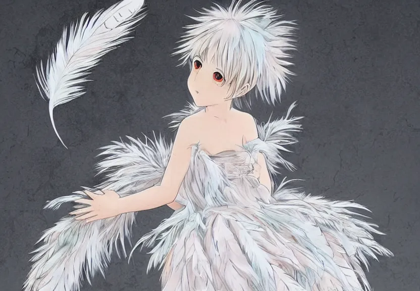 Image similar to little girl with a short white haircut wearing a dress made of feathers, artwork in the anime style, dark, anatomically perfect