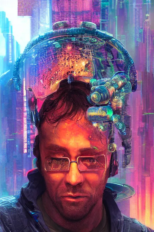 Image similar to A portrait of the Techgnosis author Erik Davis as a cyberpunk, iridescent highlights, background of digital greebles, highly detailed, intricate, soft, sci-fi, sharp focus, glowing lines, art by Ruan Jia and Moebius