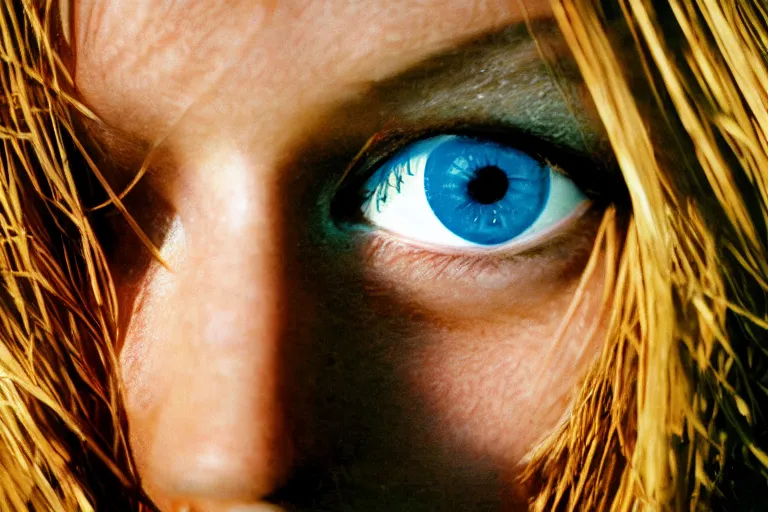 Image similar to close up portrait photography of a beautiful model with bright blue eyes standing in front of ocean, 35mm, kodak film photo, Patrick Demarchelier