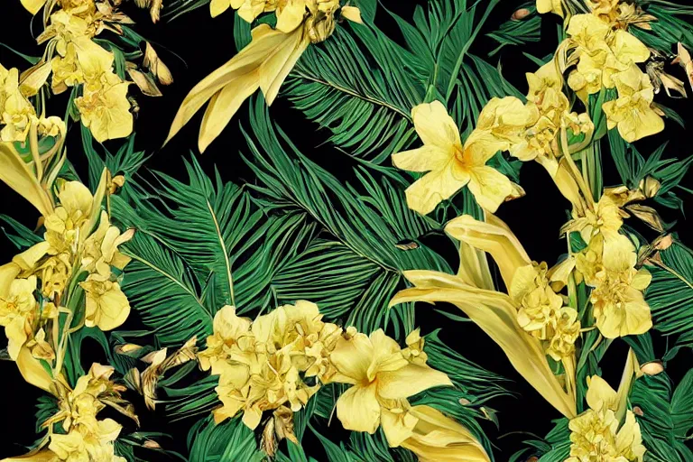 Prompt: photorealistic print of exotic, elegant tropical prints : : black background, green surreal plants, golden flowers, art nouveau, trending on artstation