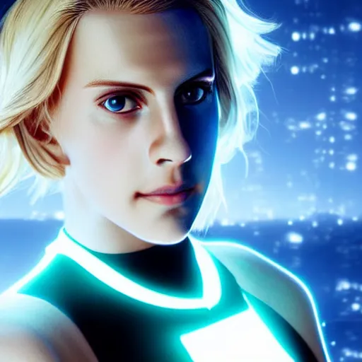 Prompt: Annie Leonhart in a Tron movie, atmospheric photo, beautiful face, cute, realistic skin, beautiful eyes