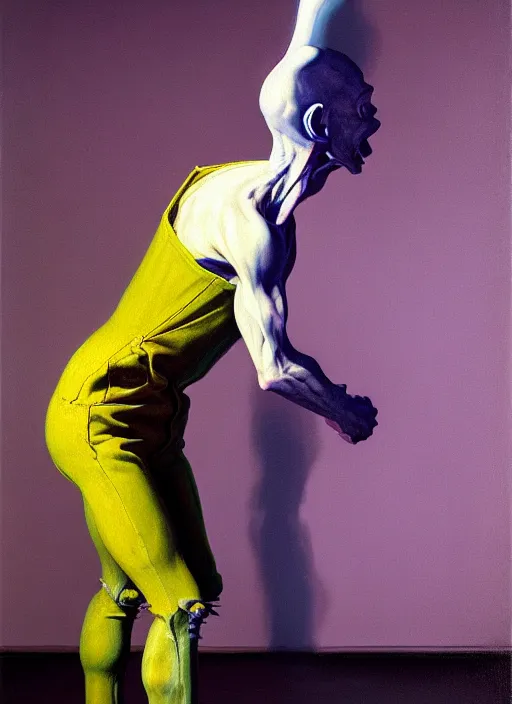 Prompt: an expressive skinny artist wearing overalls physically fighting with a ghost, inside a grand studio, depth of field, hauntingly surreal, highly detailed oil painting, by francis bacon, edward hopper, adrian ghenie, glenn brown, soft light 4 k, purple and blue colour palette, cinematic composition, cinematic lighting, high quality octane render, masterpiece