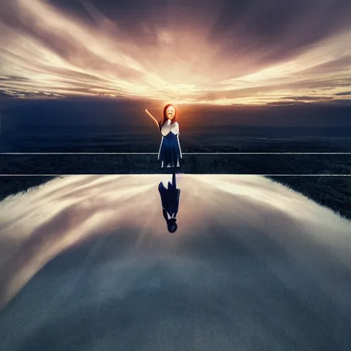 Prompt: a girl looking at the sky standing on top of a vast mirror in the sunset by Jenny Yu