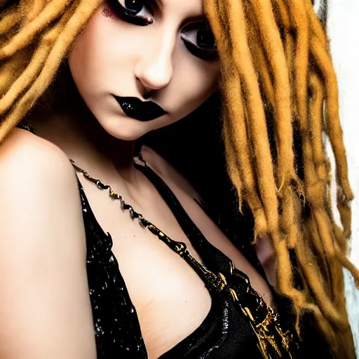 Image similar to modeling headshot photography flawless young beautiful gothic female with blonde and red dreadlocks in a black ballgown, dark, piercing clear eyes, symmetrical golden ration exotic stoic expression, photorealistic, highly detailed, mysterious lighting, smooth, sharp focus, 8 0 mm camera