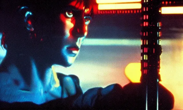 Prompt: full - color cinematic movie still from the 1 9 8 2 anime - adaptation of blade runner. science - fiction ; action ; neon ; gritty ; dystopian ; detective mystery.