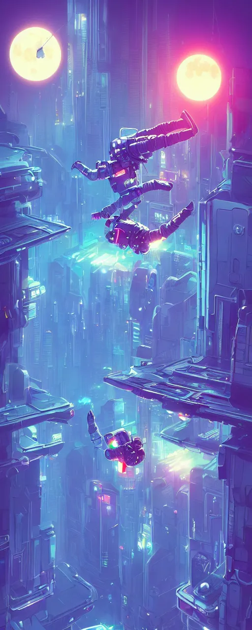 Prompt: A picture of an astronaut floating upside down in a cyberpunk surreal city with a full moon, neon lights, sharp edges, flat colors, cell shaded, by Jordan Grimmer, Jean Giraud and Neil Blevins trending on artstation