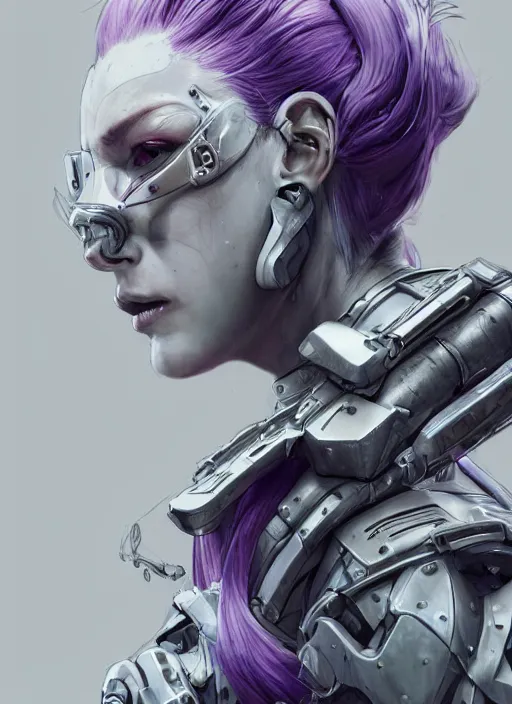 Image similar to close up portrait of a pale woman in sci - fi power armor with purple hair, powerful, domineering, stoic, masterful, eyepatch, intense, ultrafine hyperdetailed illustration by kim jung gi, irakli nadar, intricate linework, sharp focus, octopath traveler, yoji shinkawa, highly rendered, detailed, concept art