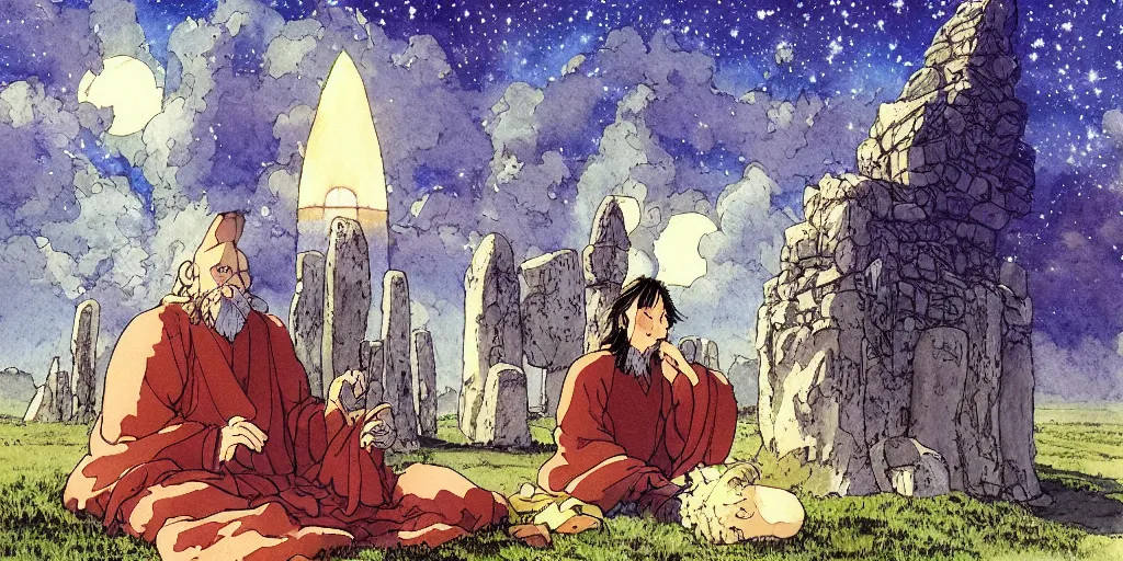 Prompt: a hyperrealist studio ghibli watercolor fantasy concept art of a giant long haired medieval monk with his heads down in lotus position in stonehenge with a starry sky in the background. a giant rocket ship from independence day ( 1 9 9 6 ) is floating in the air. by rebecca guay, michael kaluta, charles vess