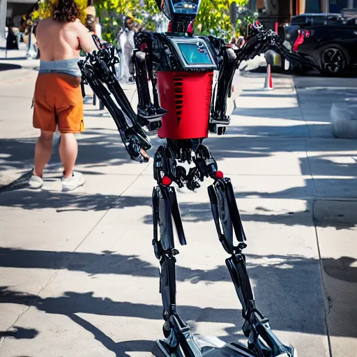 Prompt: LOS ANGELES CA, JUNE 18 2029: Vampire Robot enjoying the sun