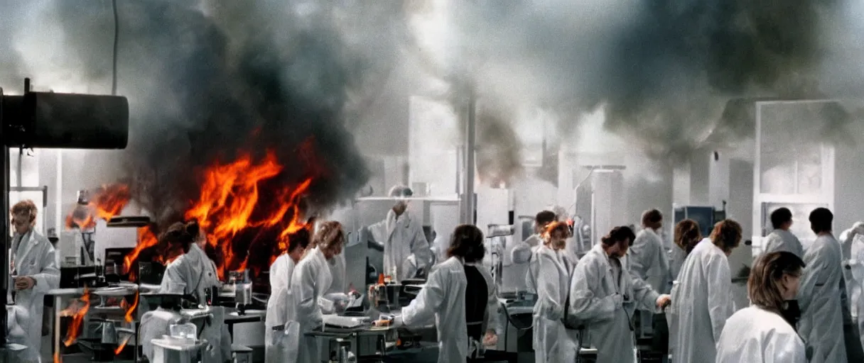 Prompt: filmic closeup dutch angle movie still 4k UHD 35mm film color photograph of a small crowd of doctors burning alive inside of a science lab , in the style of a 1980s horror film