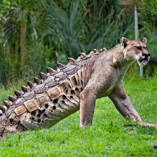 Prompt: crocodile and mountain lion hybrid animal, crocodilian features, real photo, taken in zoo, highly detailed