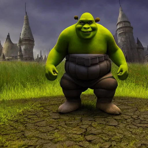 Image similar to Shrek in the style of Darth Vader from Star Wars, realism, against the background of the battlefield, depth of field, focus on Shrek,