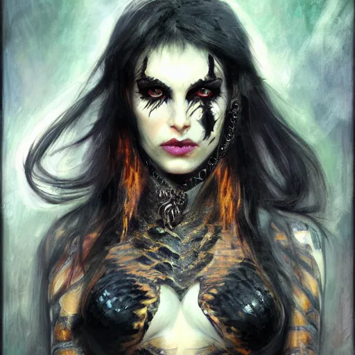 Image similar to snake woman hybrid, long, black scales, bright amber eyes, scales covering her chest, cinematographic shot, by daniel f. gerhartz