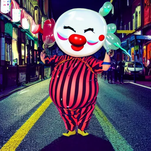 Image similar to disturbing fat clown holding a balloon in the middle of the street at night