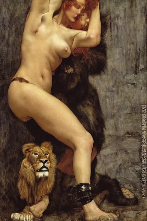 Image similar to scarlett johansson as a lion tamer by edgar maxence and caravaggio and michael whelan and delacroix