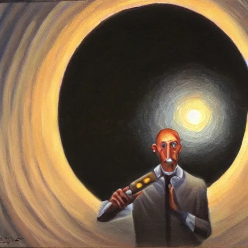 Prompt: a man holding a light at the end of a tunnel, oil painting